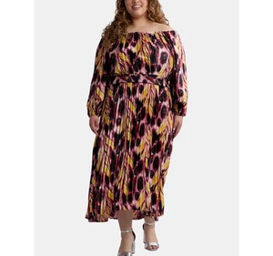 Terra & Sky Black Label Women's Plus Size Pleated Off the Shoulder Midi Dress, X - Picture 1 of 4