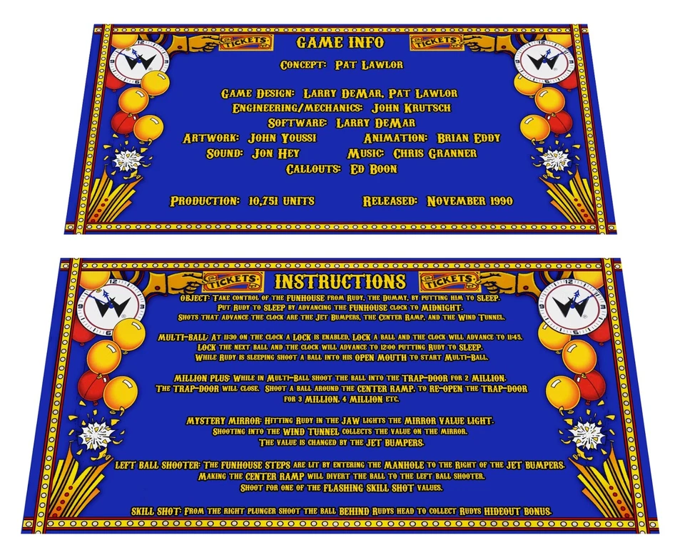 Williams Funhouse Pinball Custom Apron Instruction Cards - Image 1 of 1
