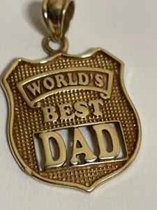 Pendant 14K Solid Yellow Worlds Best Dad Shield Pendant 1" - Picture 1 of 3