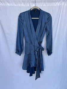 Lucy Paris Sienna Wrap Blue Dress Long Sleeve Solid Blue Satin Womens Size XS - Picture 1 of 7