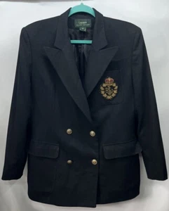 Ralph Lauren Black Wool Double Breasted Crest Crown Logo Button Blazer Jacket 12 - Picture 1 of 10
