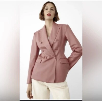 Chaqueta Blazer Zara Imitación Cuero Malva Solapa Bolsillos Abertura Trasera Tonal Forrado Botones Foto 1 de 4