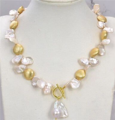 Collar de perlas Keshi blancas de 18"" enchapado en oro con cuentas de monedas colgante de perlas Keshi Foto 1 de 3