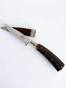 Altes Jagdmesser Hirschhorn-Griff mit Lederscheide Hirschkrone Solingen - Bild 1 von 10