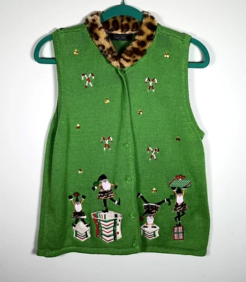 Cristal Kobe Verde Vacaciones Feo Navidad Suéter Chaleco Abotonado Cuello de Piel Med Foto 1 de 4