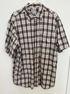 Carhartt Button Up Cotton Shirt XL Short Sleeve Grey Purple Tan Checks Pocket - Picture 1 of 4