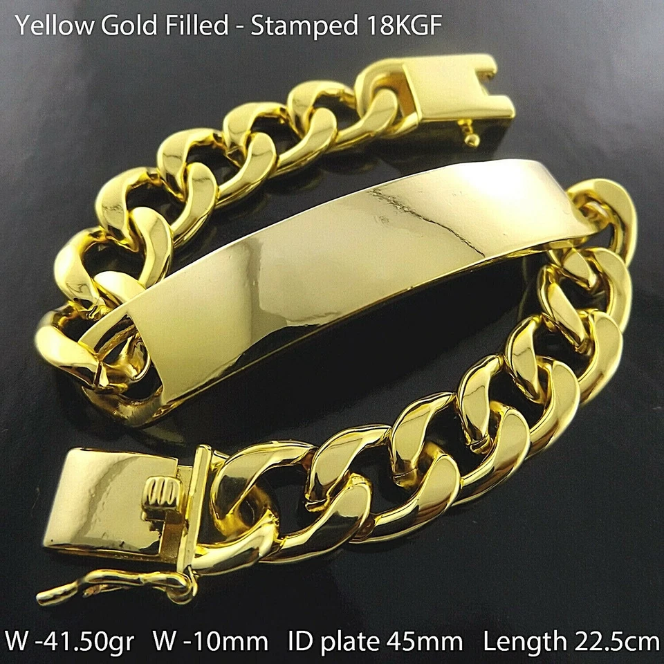 Men's ID Bracelet Real 18k Yellow Gold Filled Solid Identification Cuff Bangle  - Image 1 of 2