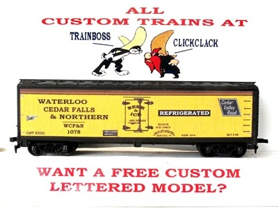 HO SCALE CUSTOM LETTERED  WATERLOO CEDAR FALLS & NORTHERN REEFER AVAIL IN O - Image 1 of 4