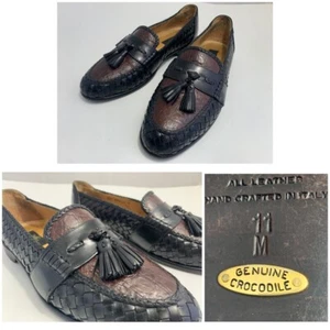 Scarpe mocassino ZELLI nappa coccodrillo nero intrecciato 2 toni taglia 11 fatte a mano in ITALIA - Foto 1 di 22