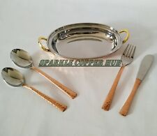 Hammered Stainless Steel Copper Lunch and Dinner Serving Oval Bowl With Cutlery