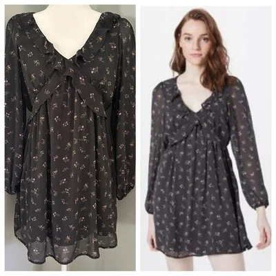 American Eagle 灰色碎花裙,长袖,有衬里,透明,浪漫,大号 — 第 1/4 张图片