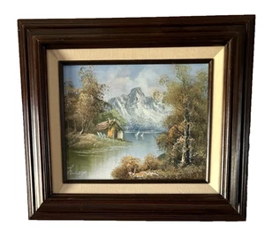 Bonita pintura al óleo vintage montañas agua firmada enmarcada 16" X 13" - Imagen 1 de 5