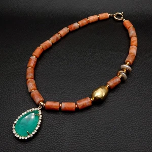 Natural Orange Calcite Baroque Pearl Necklace Blue Quartz Teardrop Cz Pendant - Picture 1 of 6