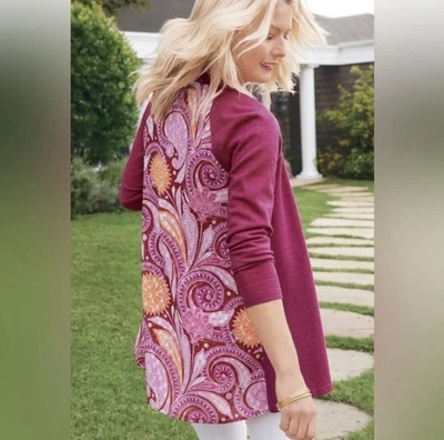 Cárdigan trasero Soft Surroundings para mujer S rosa patrón cachemir frente abierto Foto 1 de 4