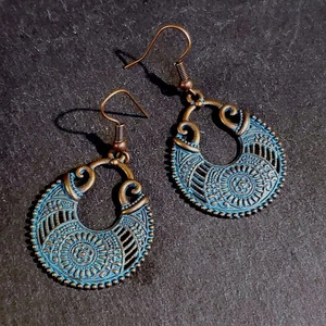 Antique Copper Verdigris Blue Green Patina Fancy Open Deco Teardrop Earrings - Picture 1 of 7