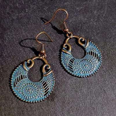 Antique Copper Verdigris Blue Green Patina Fancy Open Deco Teardrop Earrings - Image 1 of 4