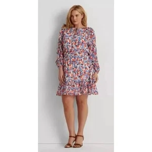 Ralph Lauren Blue Orange Floral Ruffle Smocked Waist Georgette Dress 14W NWT - Picture 1 of 9