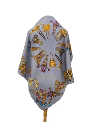 H70# Lalique Paris Silk Scarf  Pegnies De Coiffure Gray Hand Rolled France - Image 1 of 4