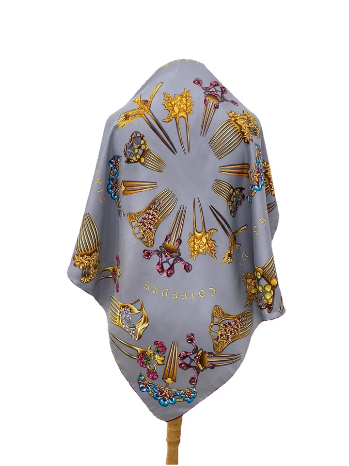 H70# Lalique Paris Bufanda de Seda Pegnies De Coiffure Gris Enrollado a Mano Francia Foto 1 de 4