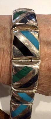 Chunky Mexico Sterling & Inlaid Turquoise Malachite & Onyx Bracelet - Image 1 of 3