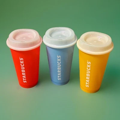 Starbucks Tazas calientes reutilizables con tapas - Paquete de 3 (rojo/azul/amarillo) - Plástico Foto 1 de 4