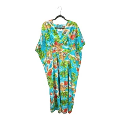 Vestido Vintage Hilo Hattie Hawaiano Kaftán Muumuu Resort Estampado Tropical Azul OSFM Foto 1 de 4