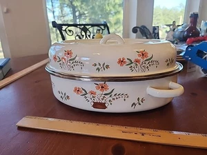 Vtg Countryside Collection Covered Roasting Pan Enamel Cream w/ Peach Flowers - Picture 1 of 11