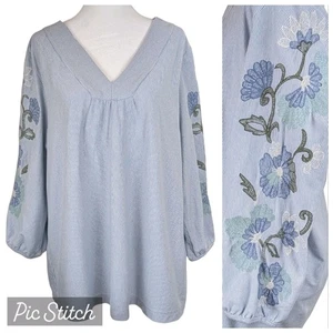 J. Jill Pinstripe Embroidered Blouse Size L 100% Cotton Blue White 3/4 Sleeve - Picture 1 of 9