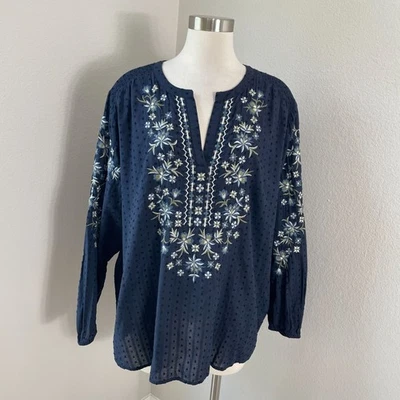 J Jill Womens XL Navy Embroidered Tunic Top Blouse Long Sleeve Floral Boho - Image 1 of 4