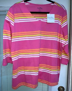 NWT L - 1X  CORAL BAY HOT PINK  YELLOW ORANGE TOP  SHIRT COTTON POLY #MY02 - Picture 1 of 5