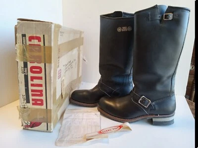 Botas de bicicleta vintage Carolina #118 masculinas 16" couro preto biqueira de aço 10,5 R LKNW anos 80 - Imagem 1 de 4