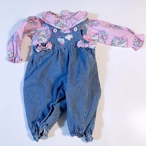 Vintage Cuties By Judy Infant overalls Floral Shirt Ruffles Pink Bird 3-6 M - Picture 1 of 6