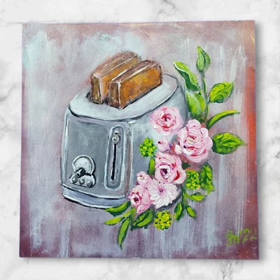 Toaster with Bread Original Painting Decor for Kitchen Rose Handmade Wall Art - Image 1 of 4