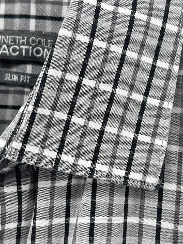 Camisa de vestir Kenneth Cole Reaction ajustada con botones para hombre talla 15,5 34/35 gris negra Foto 1 de 4