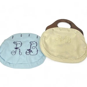 Vintage Button Purse Wooden Handles & 2 Monogramed Interchangeable Covers - Picture 1 of 10