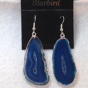 BLUE AGATE POLISHED SLICE EARRINGS 80's VINTAGE - Picture 1 of 4
