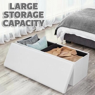 WHITE LARGE FAUX LEATHER FOLDING OTTOMAN STORAGE BOX SEAT 2 SEATER STOOL POUFFE - Image 1 of 3