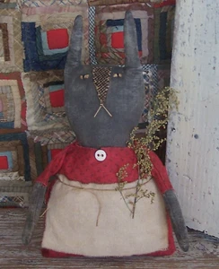 Primitive Black Rabbit Doll Red Dress, Grungy Rustic Bunny Decor - ARTISAN MADE - Picture 1 of 7