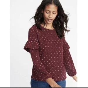 Old Navy Damen L weinrot Rüschenärmel gepunktet Baumwolle Strickpullover - Bild 1 von 11