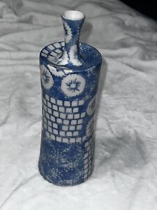 Block Print Vase Jamie Young 11”x4”x4” Handcrafted Blue & Natural Ceramic