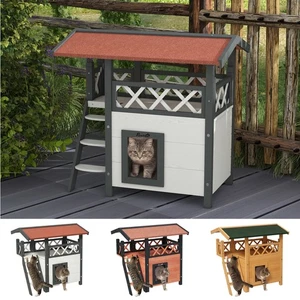 PawHut Outdoor Cat House w/ Balcony Stairs Roof - Picture 1 of 34