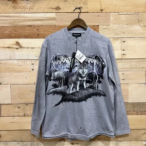 NWT Tenaciti Studios Shirt Men’s Small Wolf Graphic Long Sleeve Grey Distressed  - Picture 1 of 9
