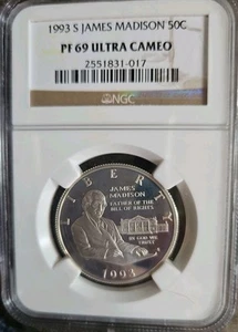 1993 S JAMES MADISON 50C PF 69 Ultra Cameo - Picture 1 of 2