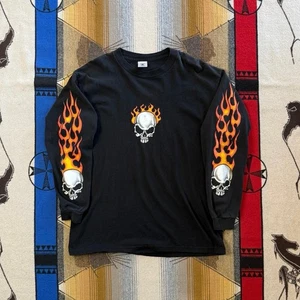Vintage Y2K Flaming Skull Long Sleeve T-Shirt Size Large Sleeve Hits Grunge - Picture 1 of 10