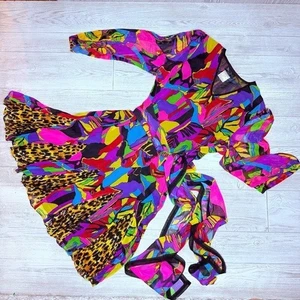 vintage Diane freis multicolore art deco audace sciarpa con cintura abito manica lunga anni 80 - Foto 1 di 6