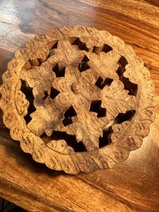 Vintage Hand-Carved Wooden Trivet or Plant Stand Floral Design – Rustic - Picture 1 of 9