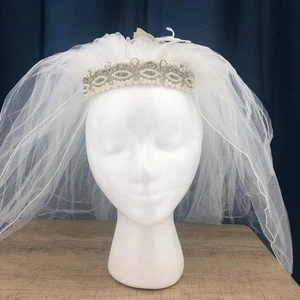 Marionat VINTAGE 80's (25") White Faux Pearl Seed Beaded Multi-Tier Bridal Veil - Picture 1 of 7