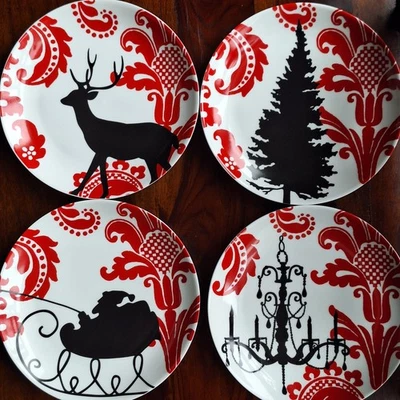 Rosanna Terciopelo Rojo 4 Rojo Negro Blanco 8" Platos de Ensalada Santa Árbol Ciervo Araña Foto 1 de 4