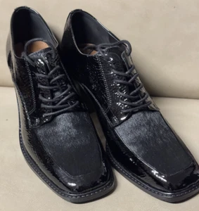 Donald Pliner Katrice Black Women's Oxford Pumps Leather Fur Chunky Heel 8.5 - Picture 1 of 21