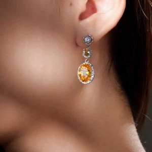 18k white gold gf made with SWAROVSKI crystal stud earrings oval drop dangle - Picture 1 of 4
